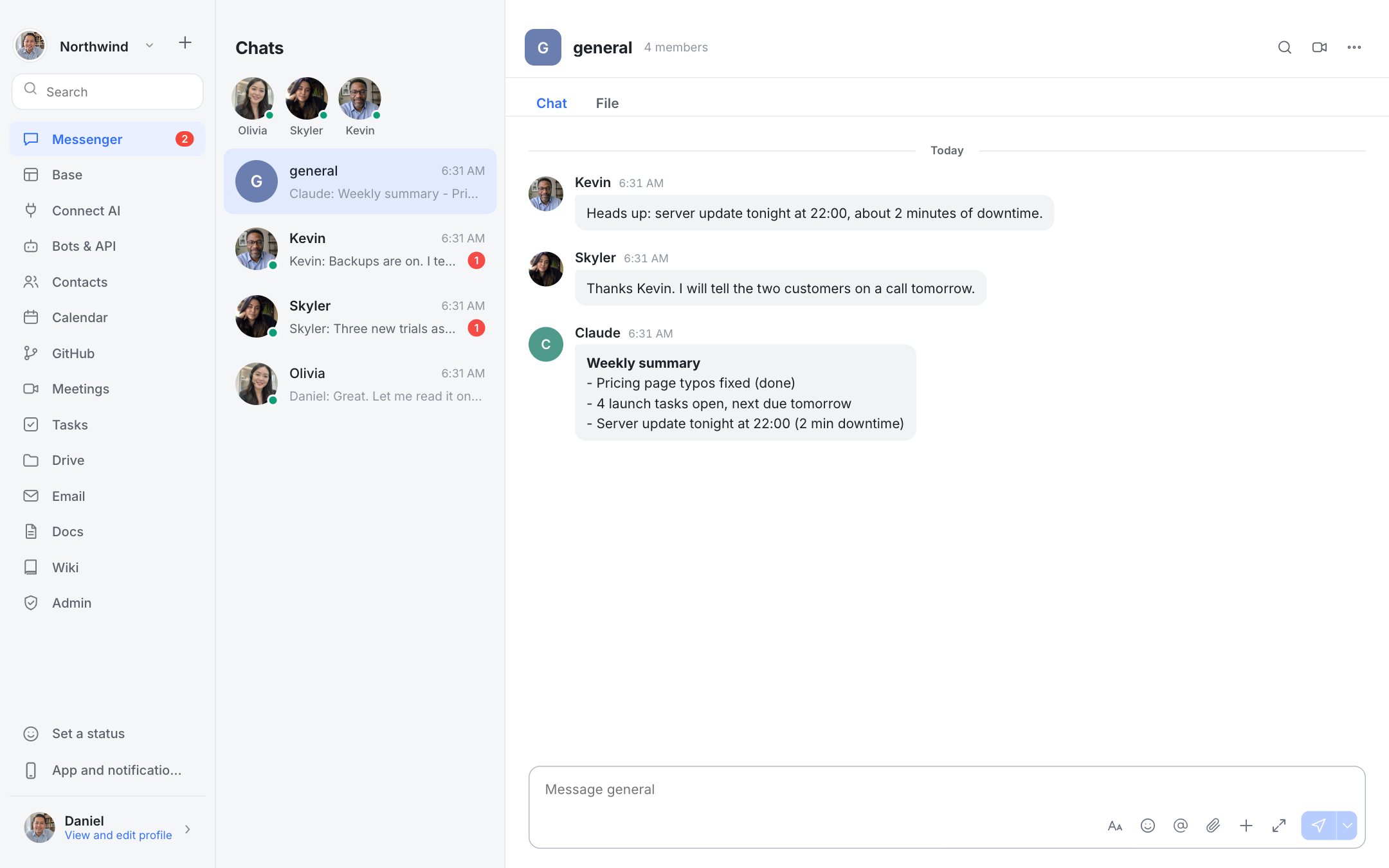 Dock AI agents screen: An agent posts its weekly summary in your channel