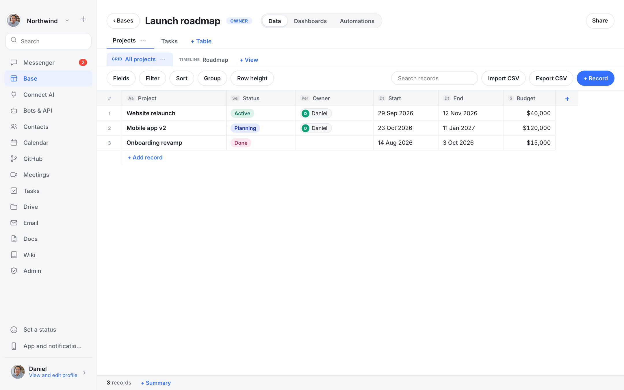 Dock Base screen: Tables, views and dashboards without code