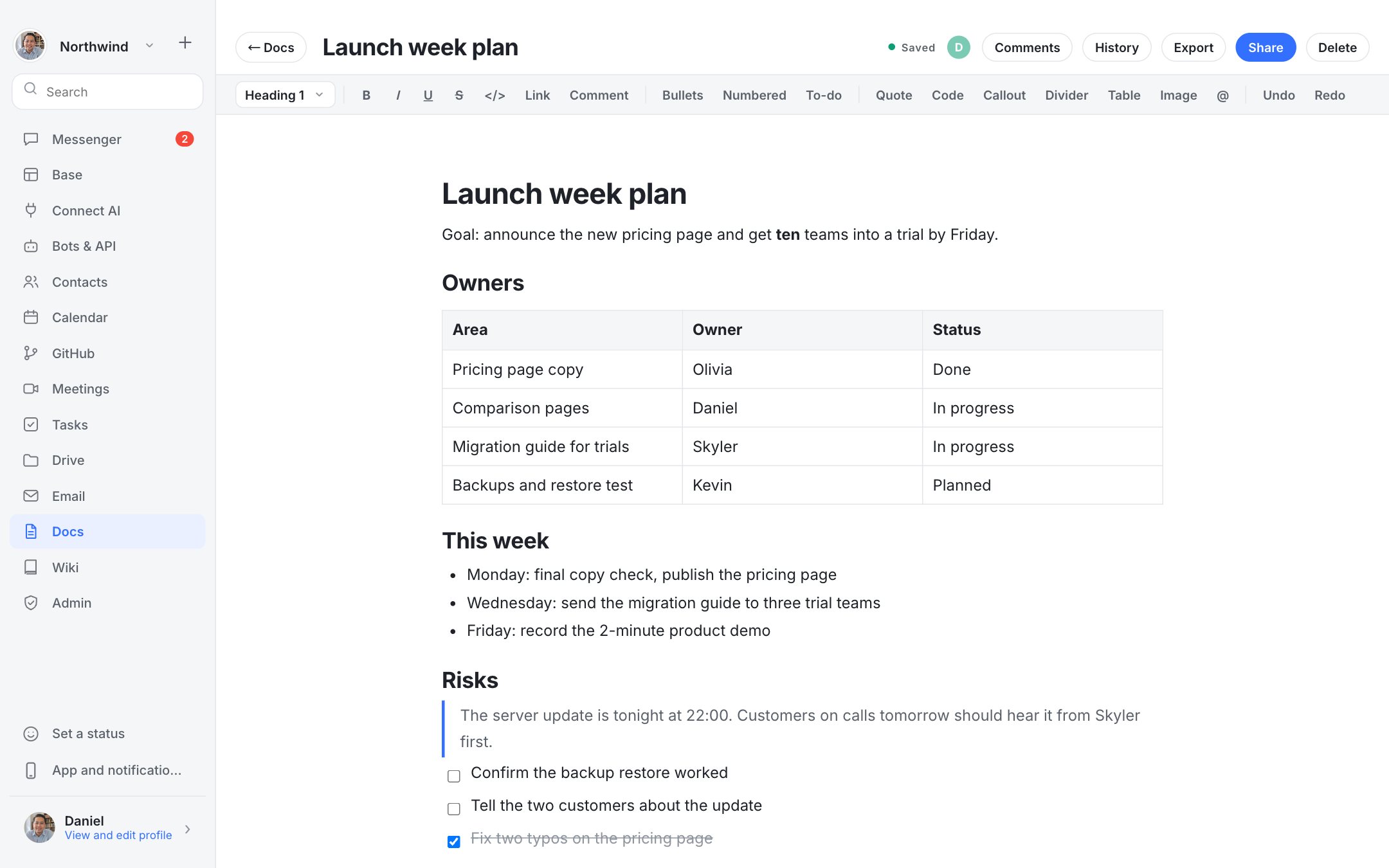 Dock Docs screen: Co-edit documents, tables and checklists