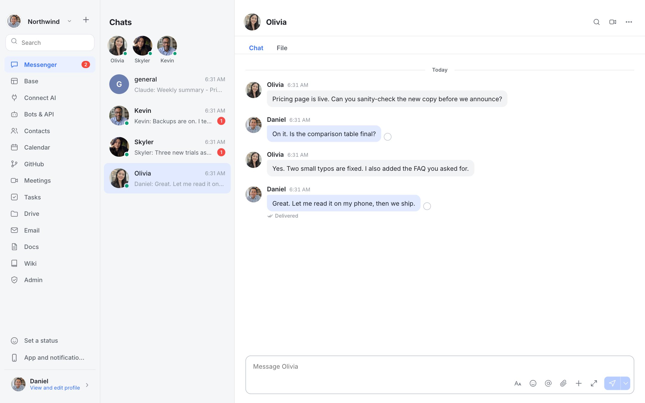 Dock Messenger screen: Chats, DMs and channels with real profile photos