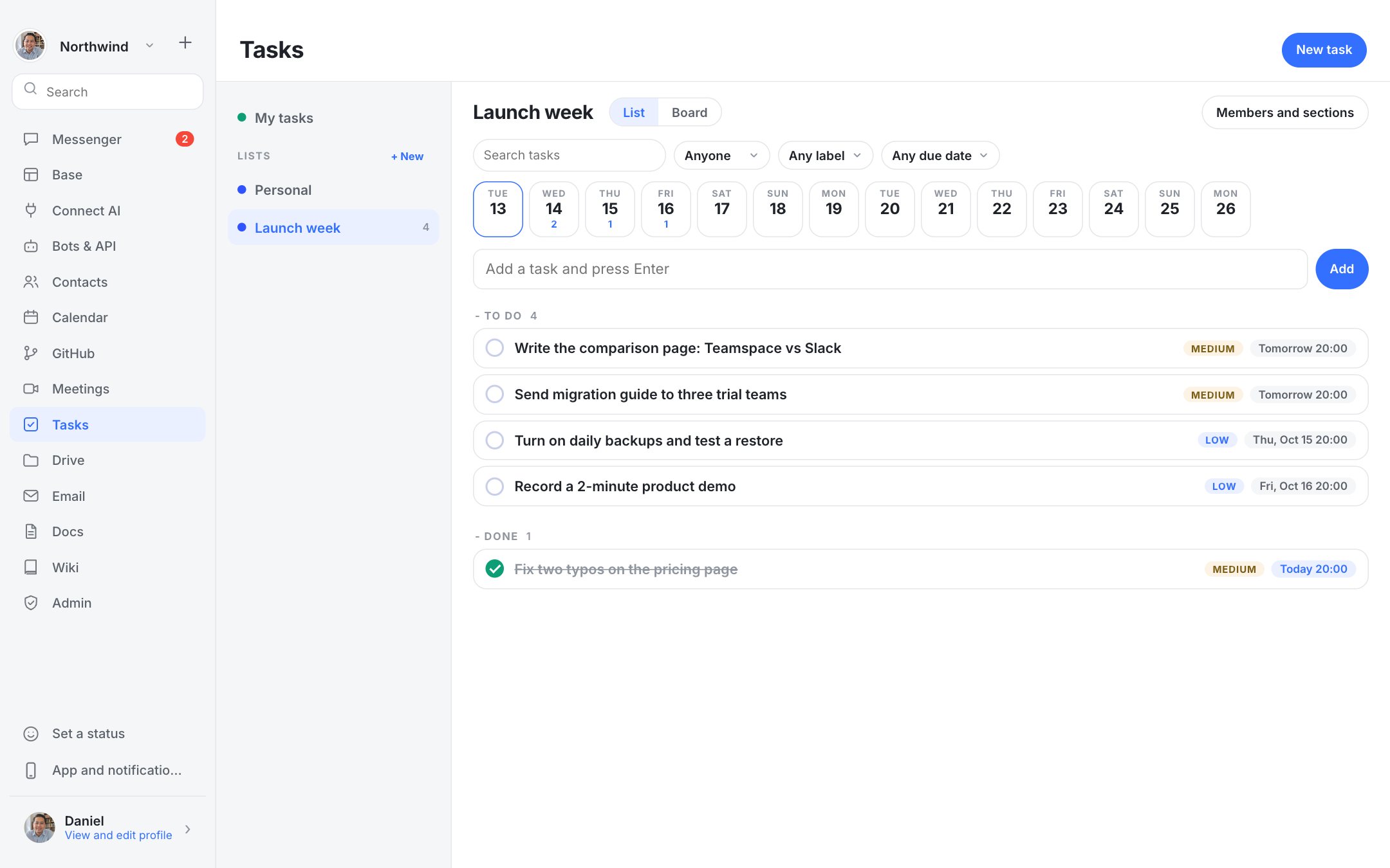 Dock Tasks screen: Lists, due dates and a board